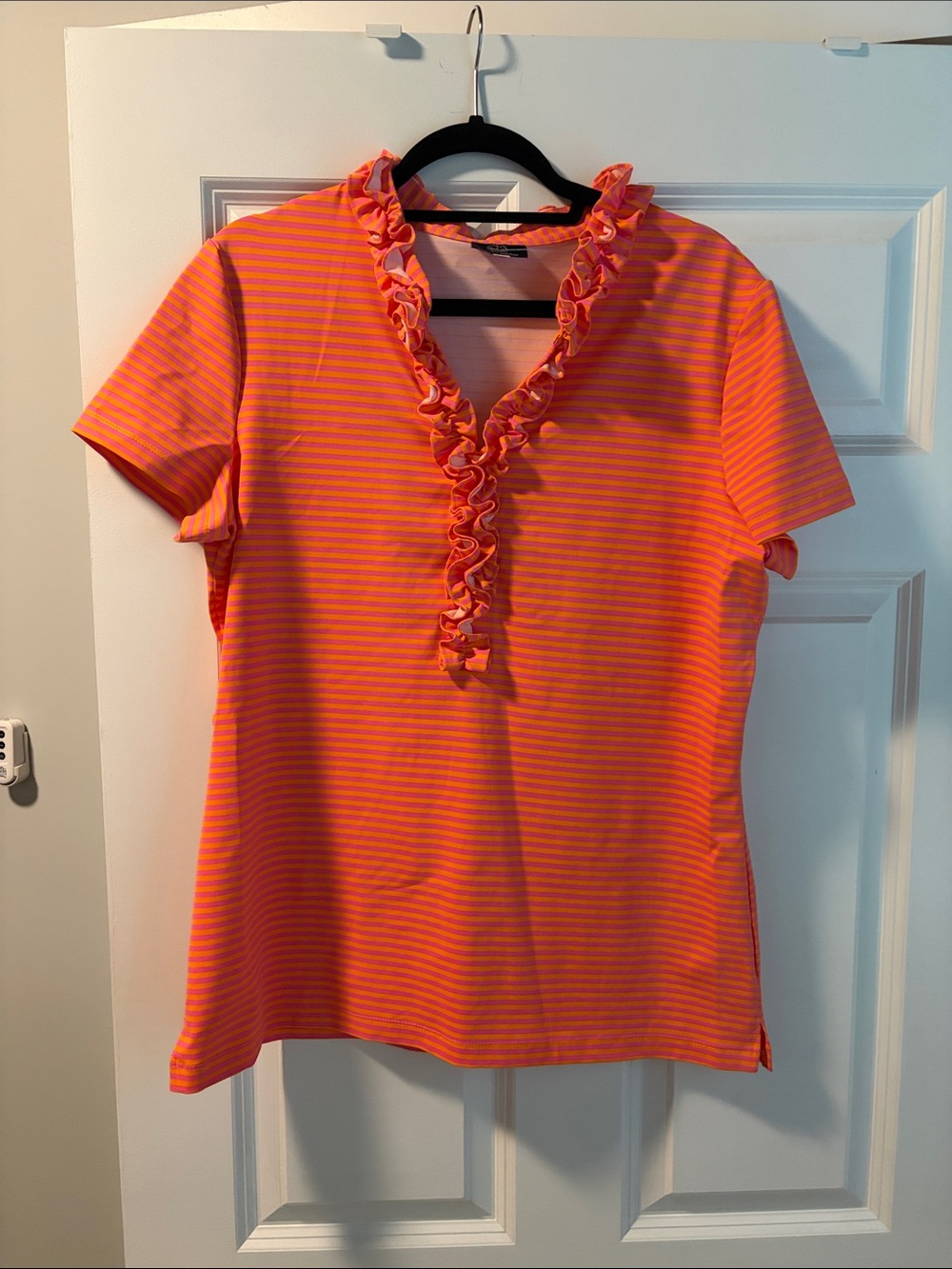 Ruffled V-Neck Short Sleeve Tee in Orange and Pink Stripe
